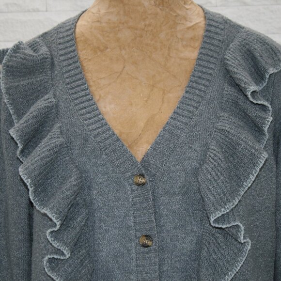 LC LAUREN CONRAD Cardigan Ruffled Front Feminine Sweater Slate Gray Grey X-Large - Picture 2 of 12